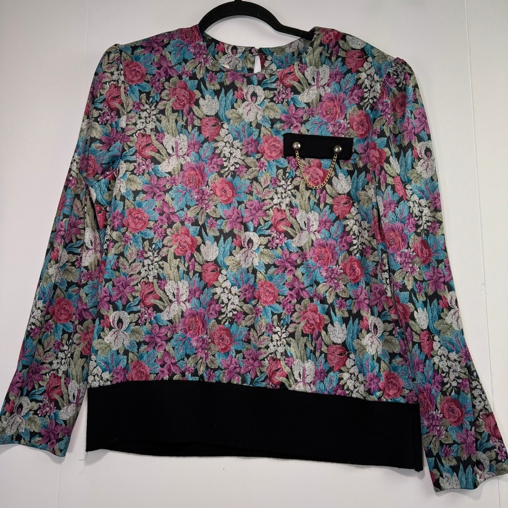 Vintage CB New York Floral Long Sleeve Blouse Pink Blue Size 12 Made in USA 4581